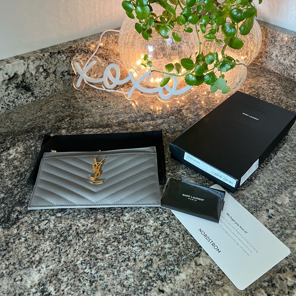 Saint Laurent Grain De Poudre Chevron Monogram Bill Pouch